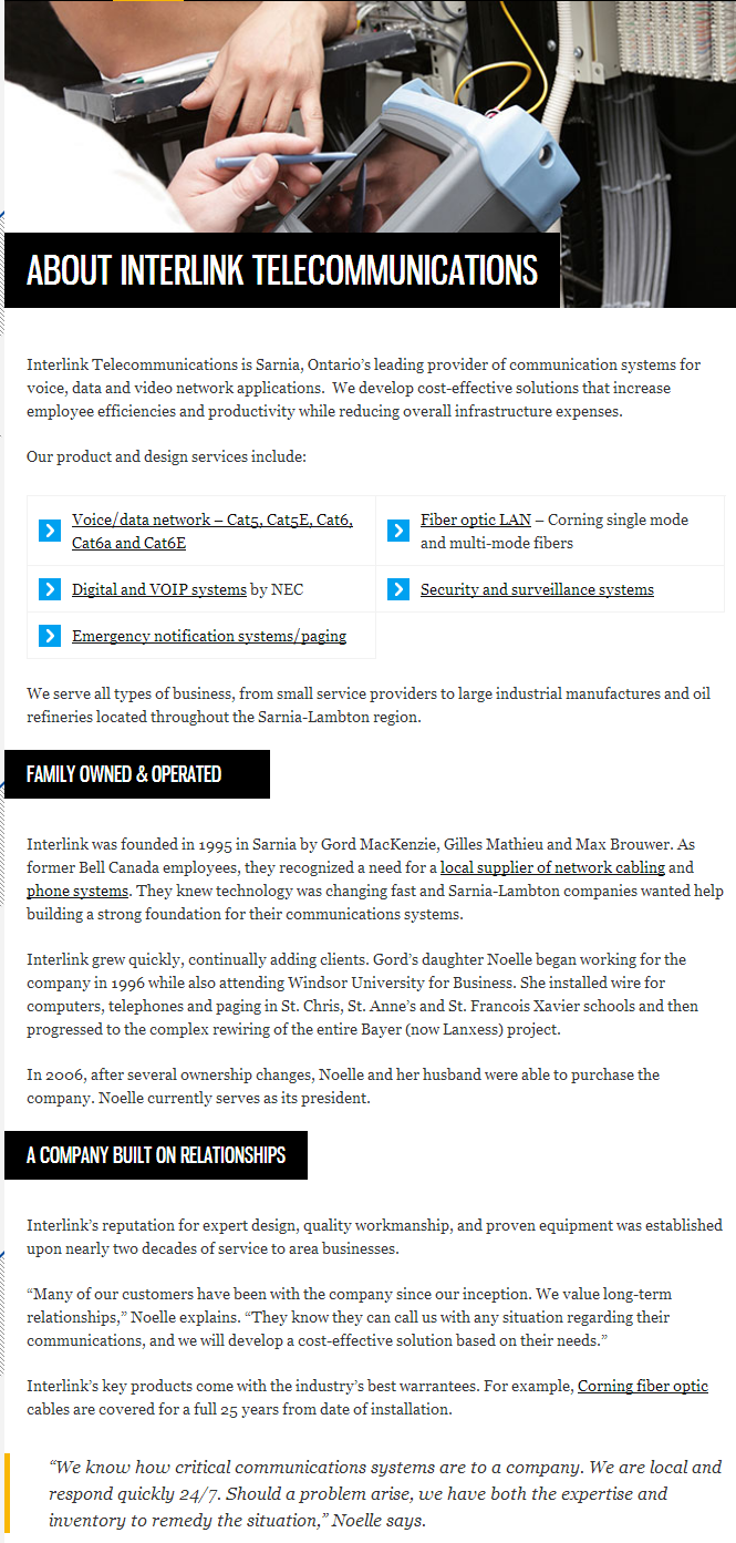 Interlink Telecommunications Homepage About Page