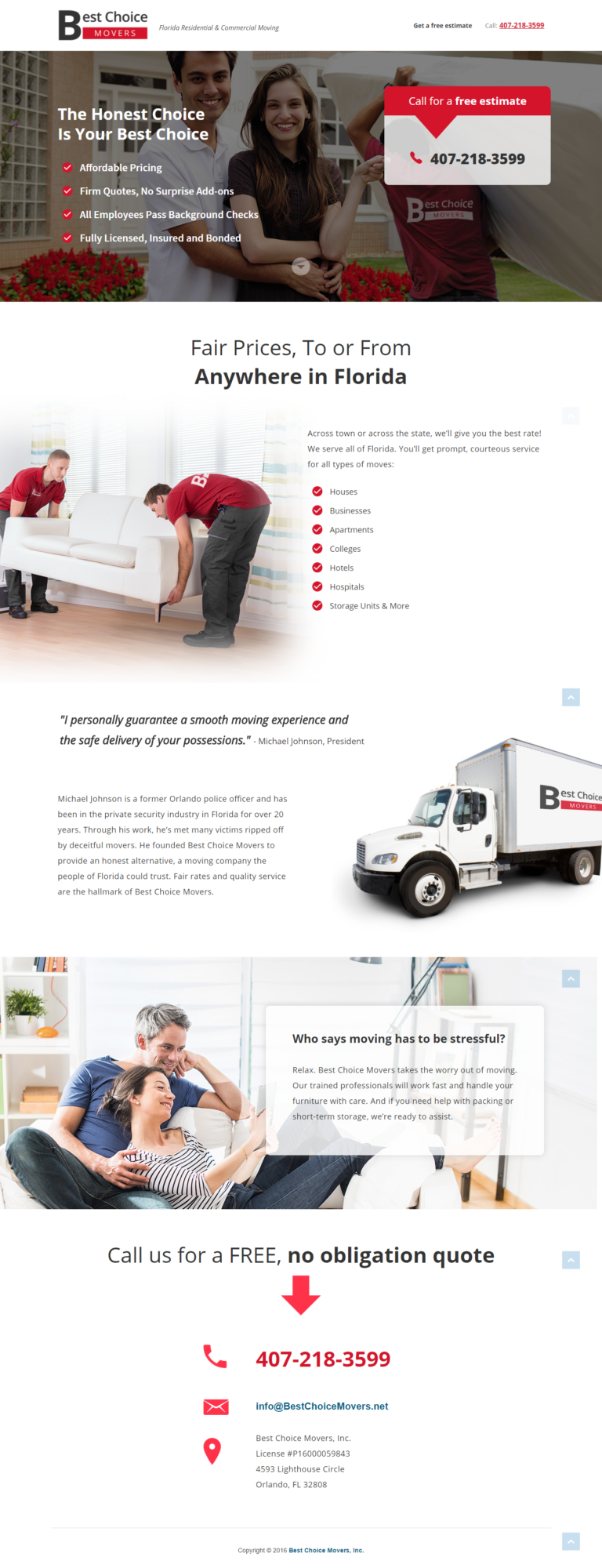 Best Choice Movers 1Page, Landing Page site for Startup Business