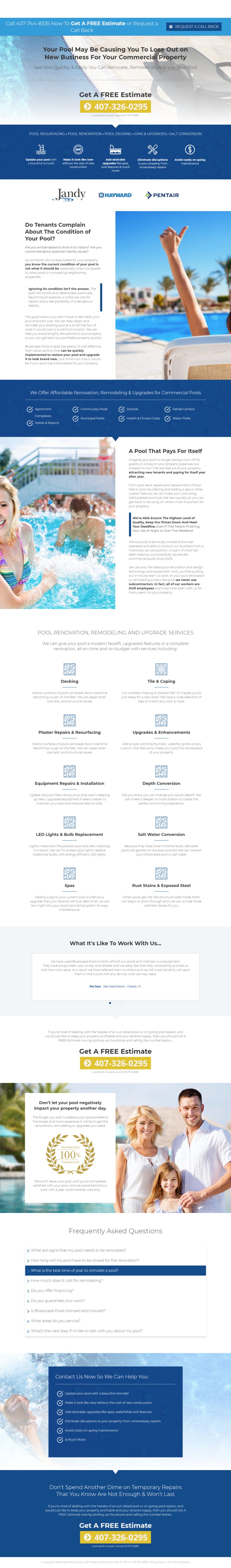 Bluescape Pools & Spa, Landing Page Written by Susan Greene, Florida ...