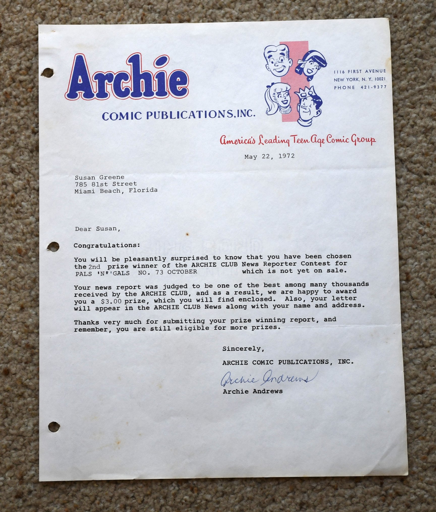 Archie comic letter